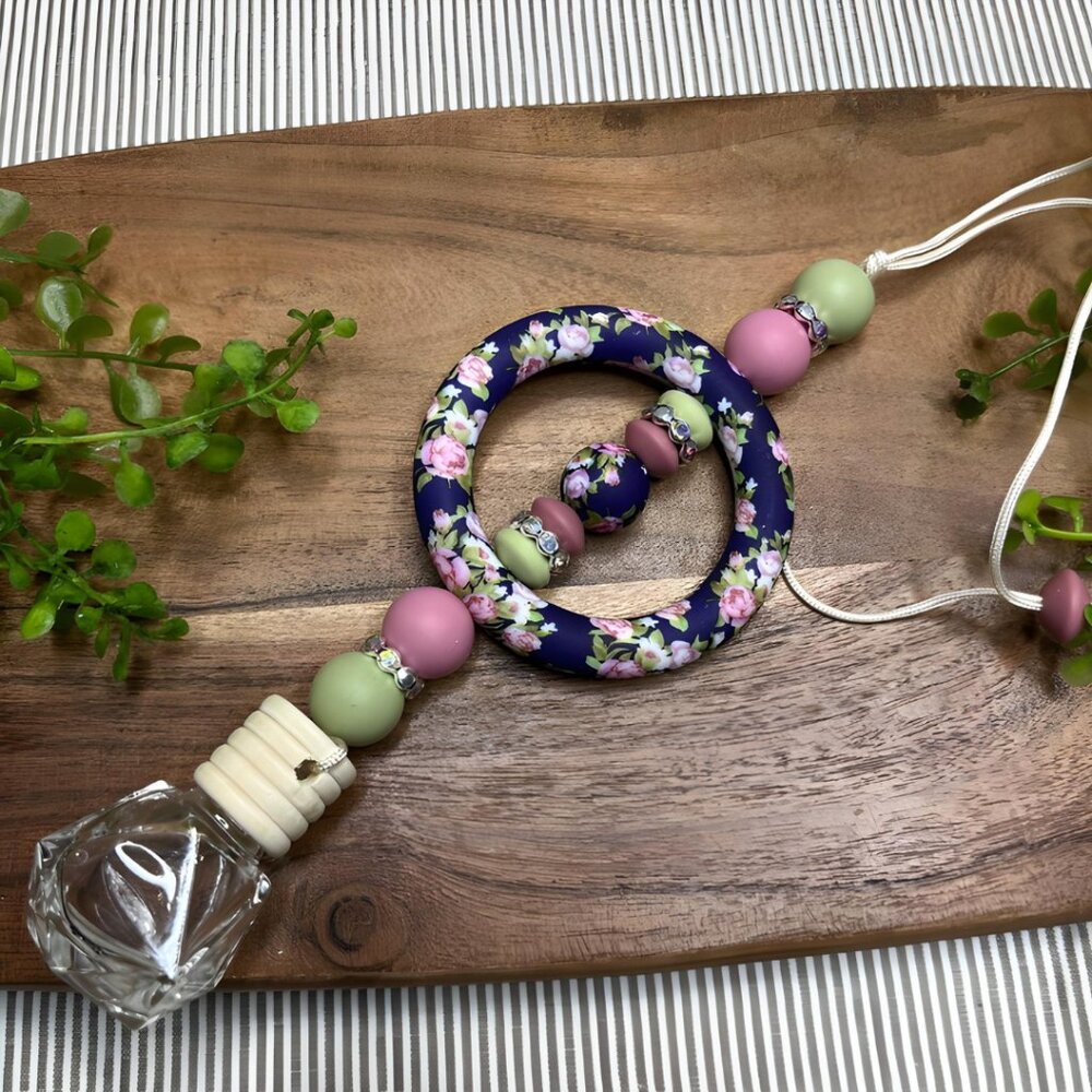 Navy Floral Car Charm Oil Diffuser | Handmade Gift